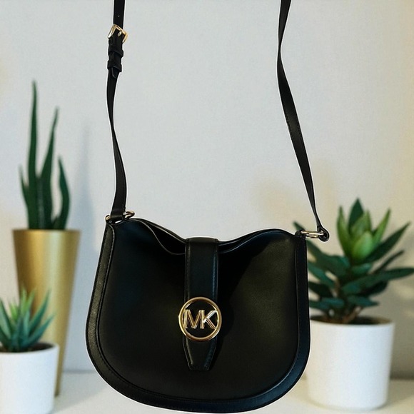 Michael Kors Gabby Small Hobo Crossbody Bag Black MK Logo Gold Hardware Purse - Picture 2 of 10